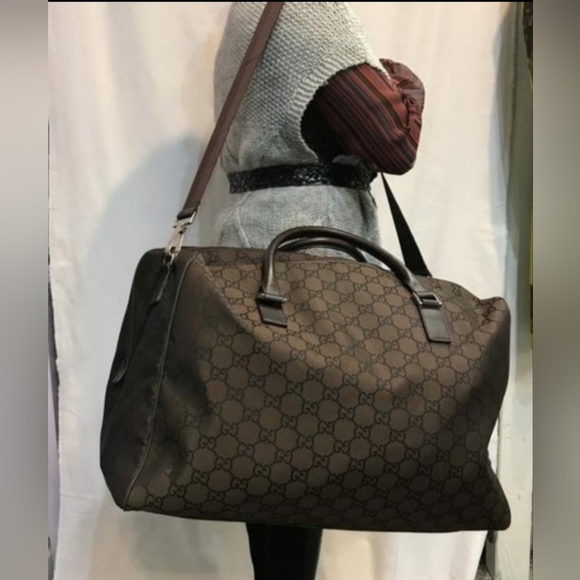 Gucci Large Duffle GG Plus Brown Canvas & Leather Weekend/Travel Bag - Picture 7 of 8